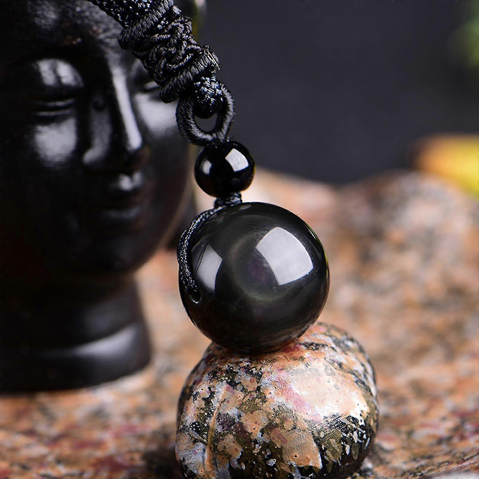 Necklace Natural Obsidian Pendant With Braided Rope Rainbow