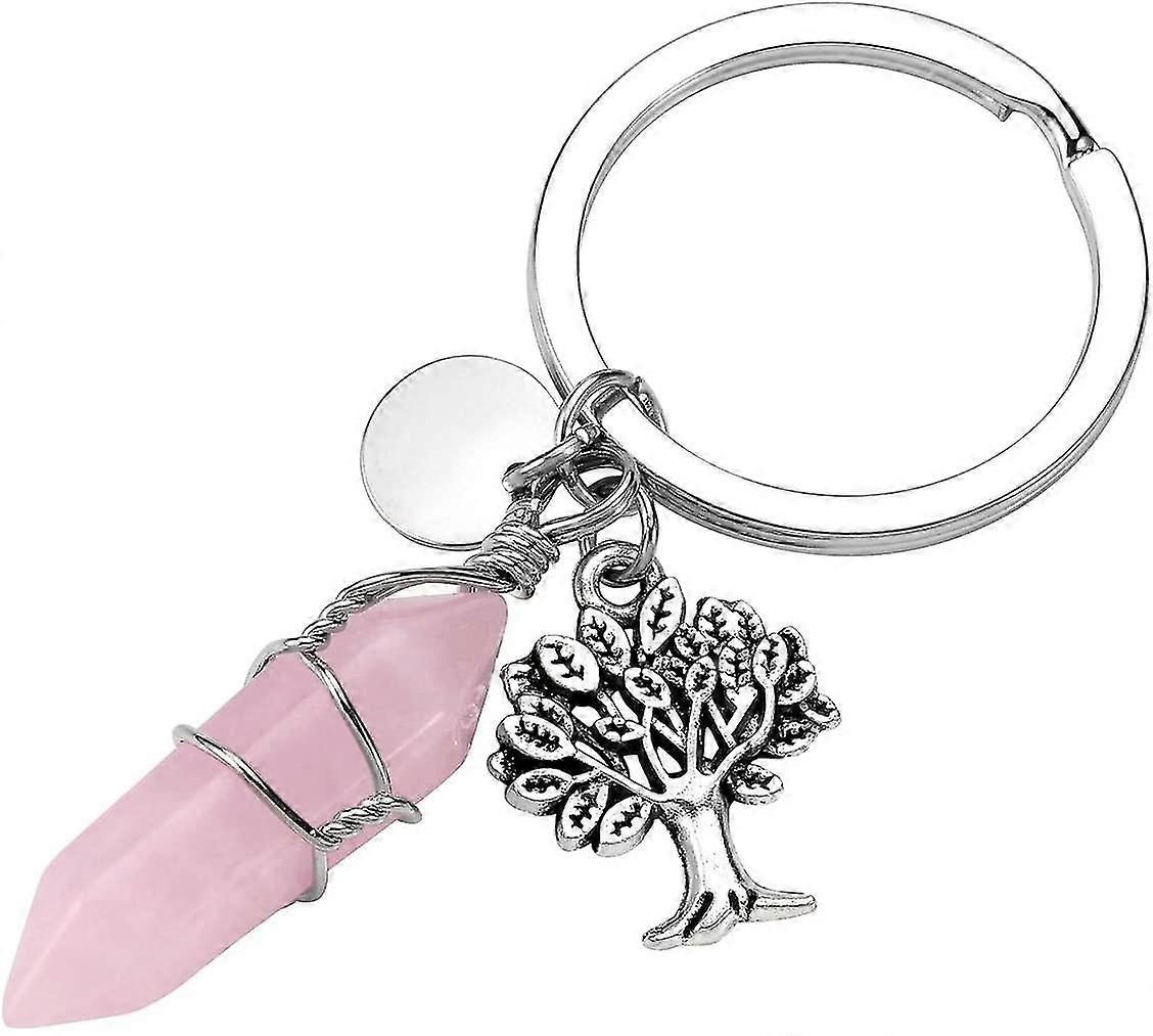 Rose Quartz Hexagonal Gemstone Wire Wraped Crystal Healing Point Chakra Pendant Keychain Silver Tree