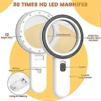 Lupa con luz, lupa grande de mano 30x 12 led iluminada lupa