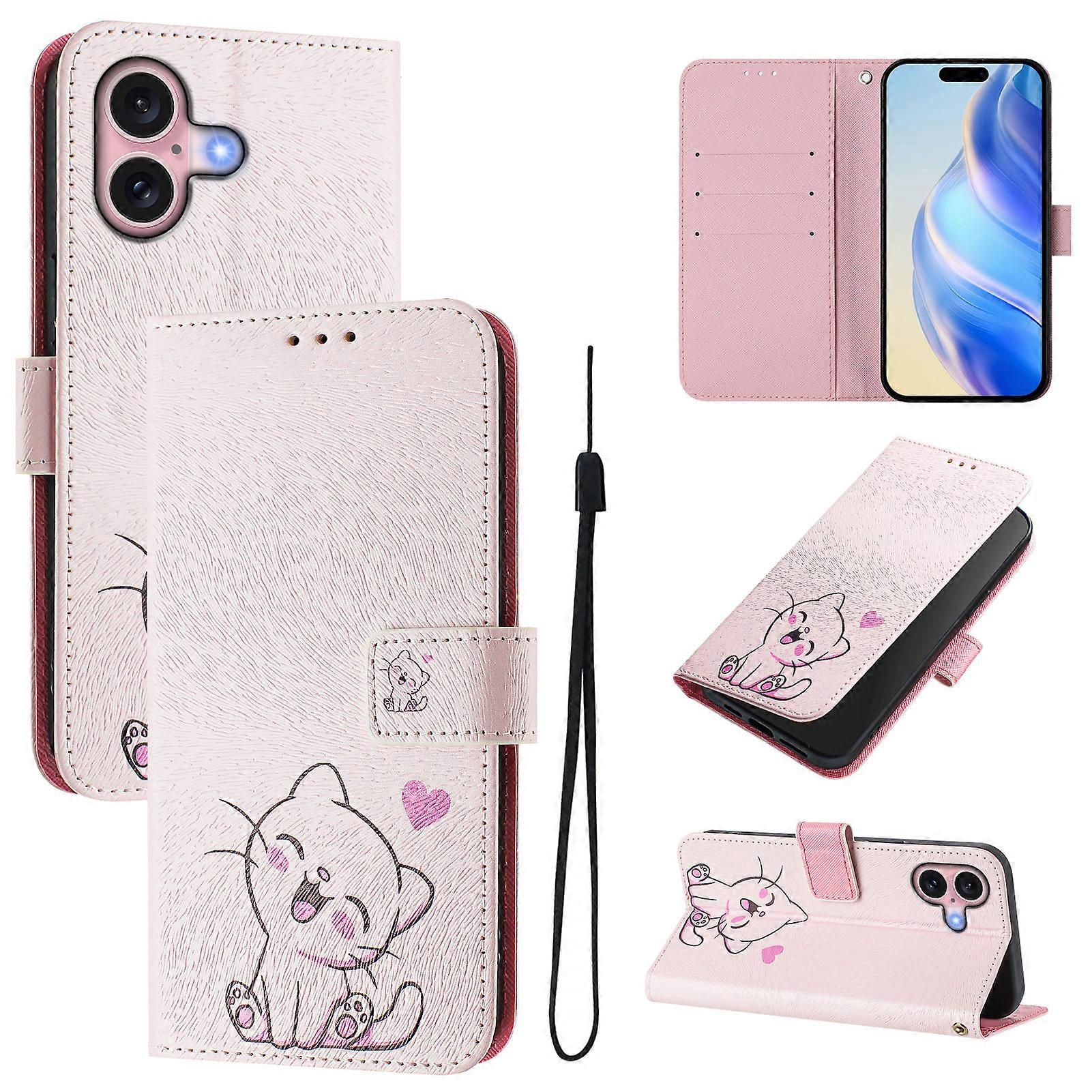 For iPhone 16 Case Pattern Printing Wallet Phone Cover with Strap