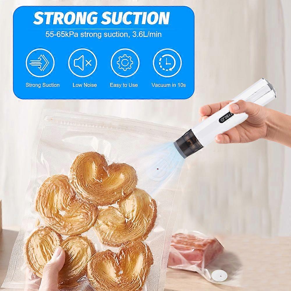 Handheld Vacuum Sealer Machine Portable USB Charging Cordless 2-in-1 Manual Handheld Vacuum Pump with 5pcs Sous Vide Bags for Food Storage and Preserv