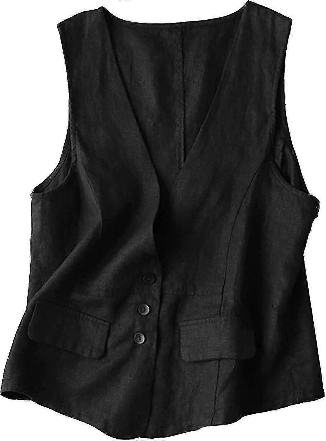 Shanghai Yangxin Womens Cotton Linen Vest Casual Loose V Neck Sleeveless Vests Jacket Black X-Large