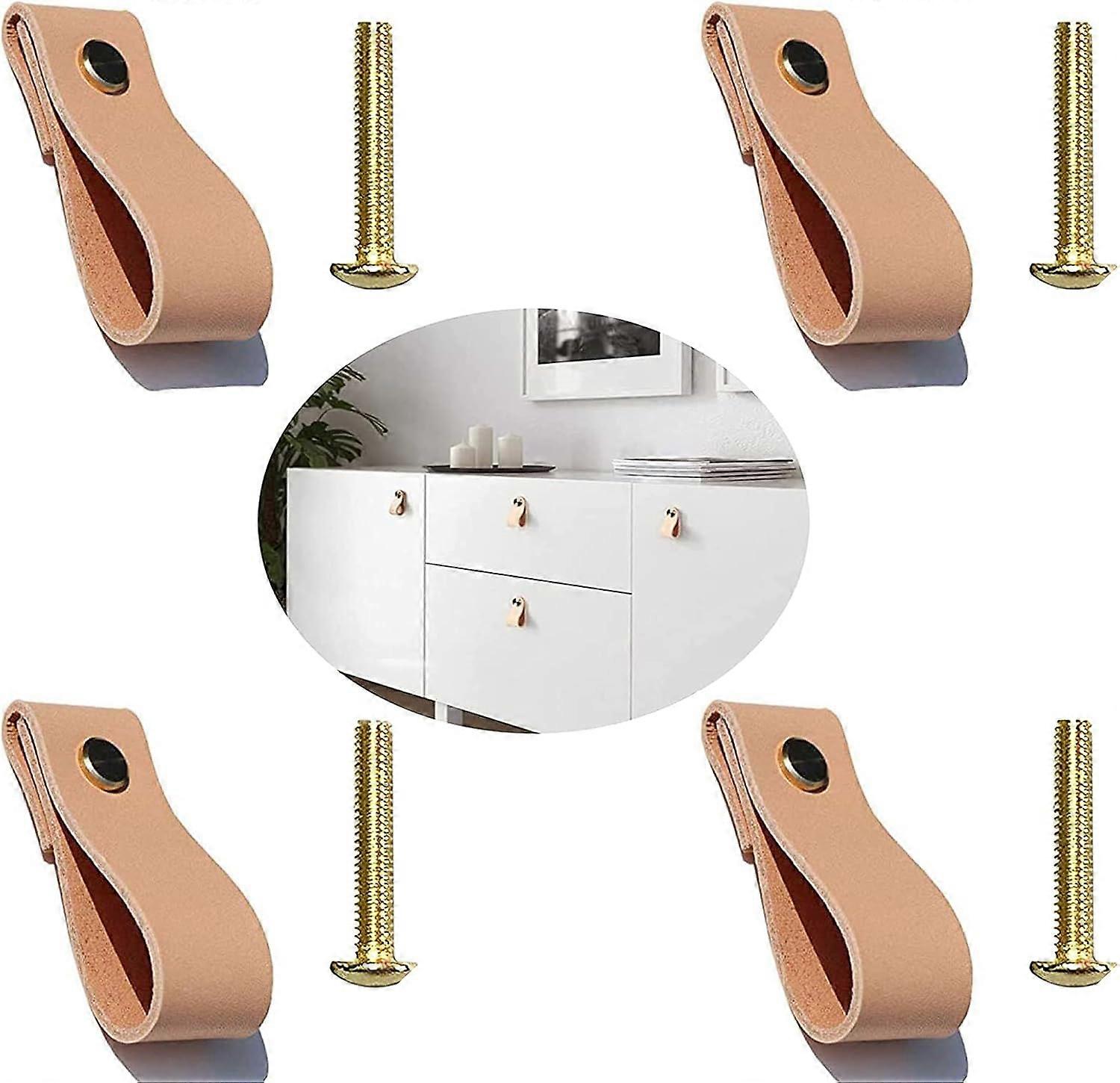Leather Drawer Pulls, Unique Design For A Modern Vibe, Easy Upgrade To Your Furniture With 4 Pieces Khaki Leather Handles, Scratch &