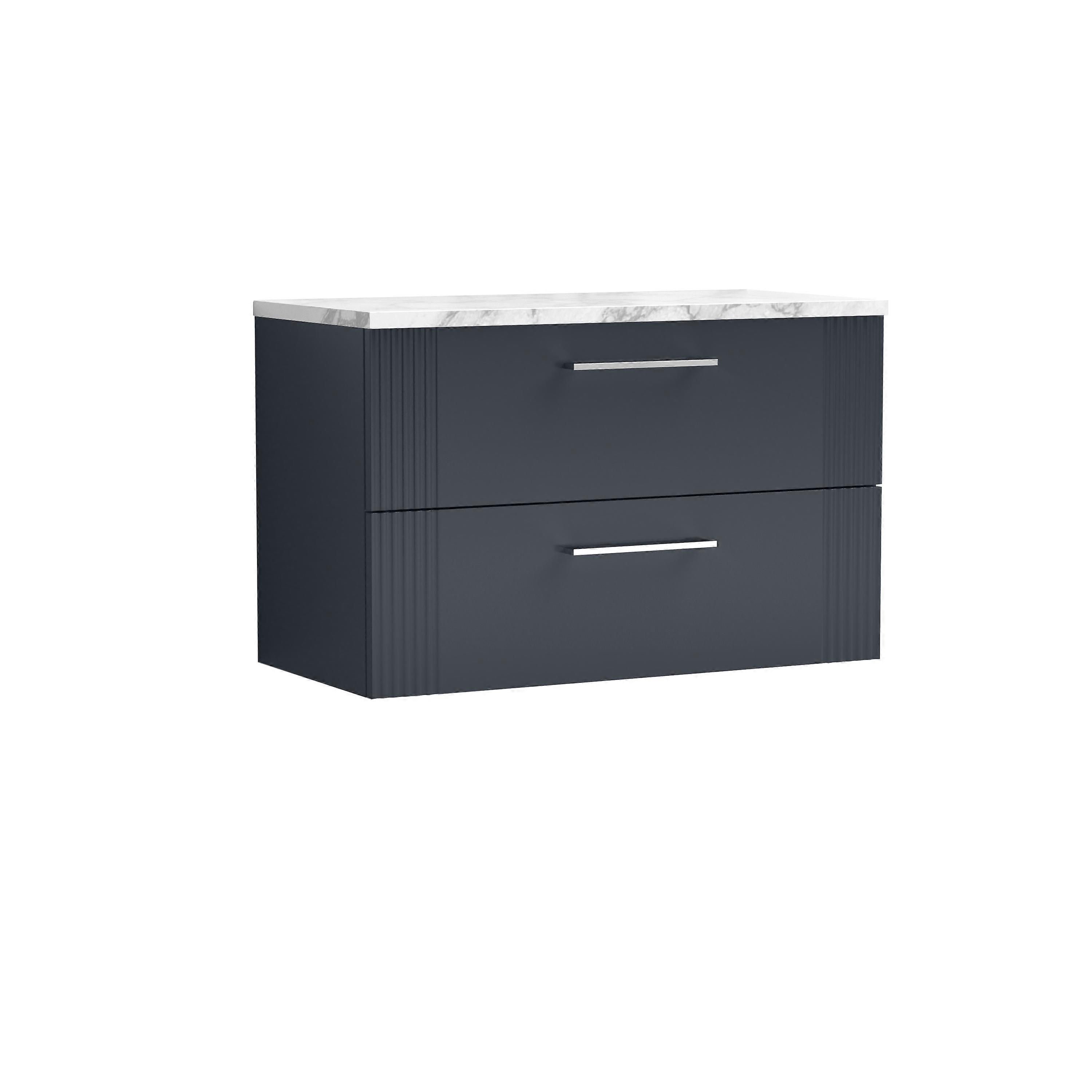 Partial Fluted 2 Drawer Wall Hung Vanity Unit with Carrera Marble Laminate Worktop - 800mm - Satin Soft Black
