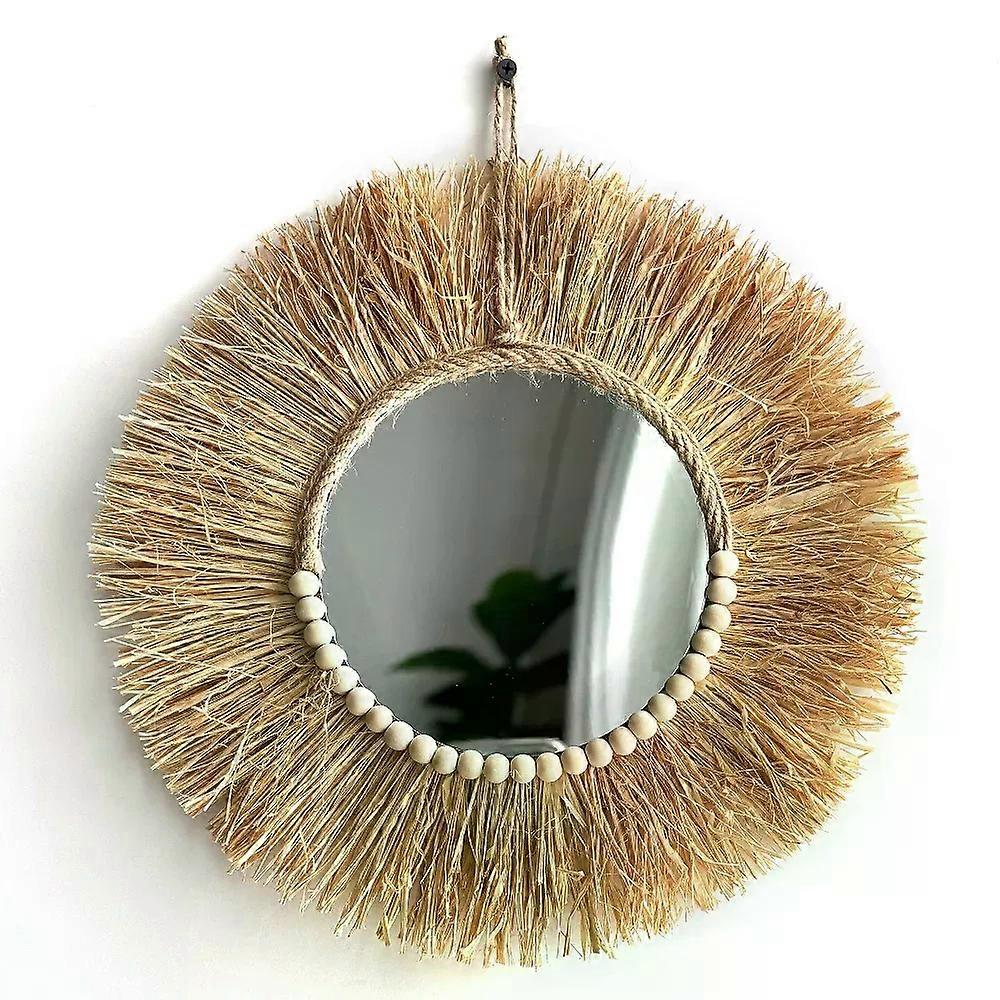 Handmade Boho Raffia Mirror Wall Hanging Decor Rustic Boho Circle Acrylic Mirrors with Wood Bead Farmhouse Aesthetic Nursery