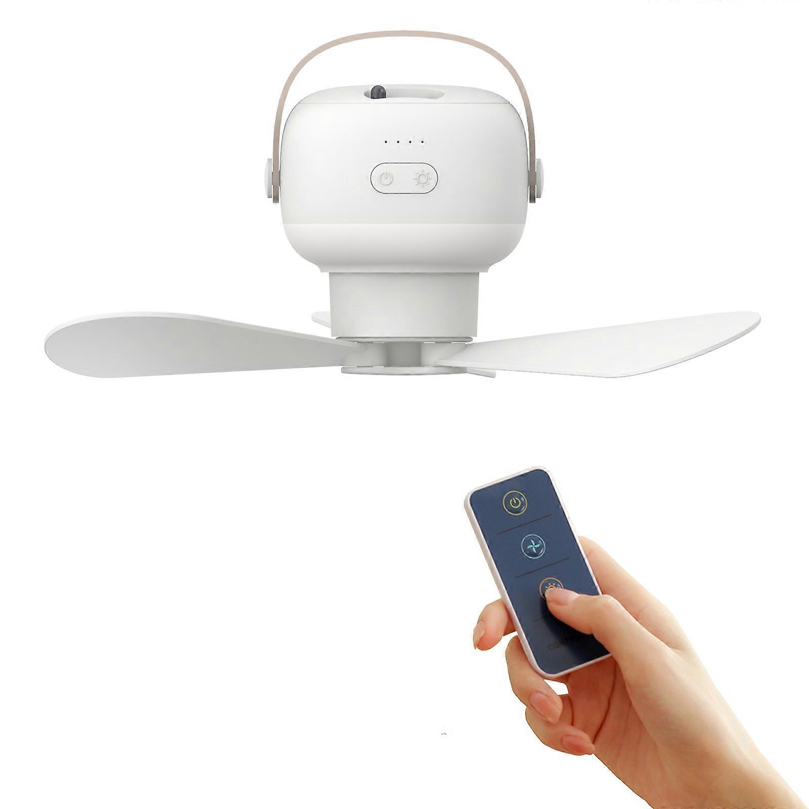 USB Remote Control Camping Fan 4 Speeds Gazebo Canopy Fan with Lamp Rechargeable Hanging Fan for Home Office Desktop  White