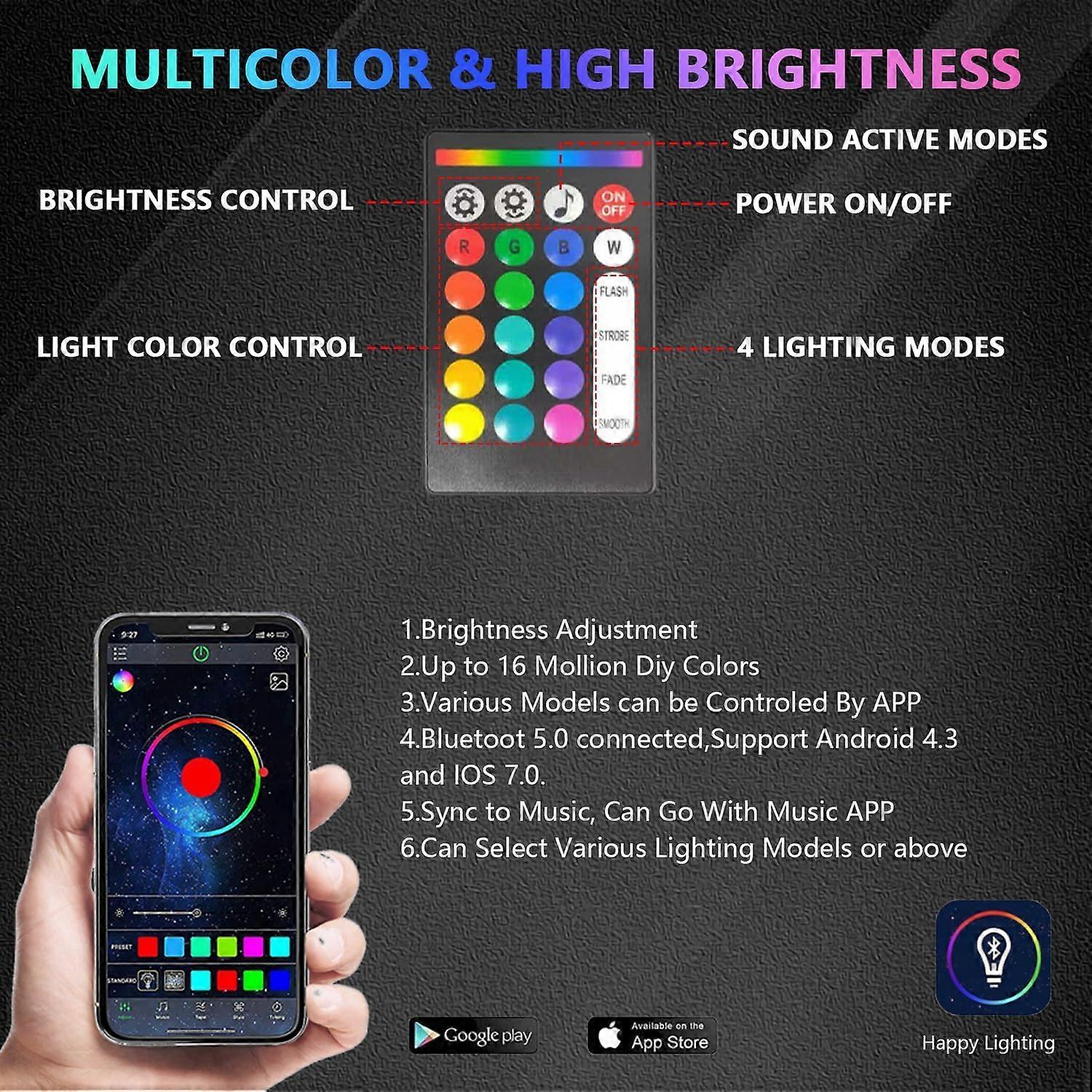 RGB LED Rock Lights for Trucks - 4 Pods with Bluetooth App Control and Music Sync Functionality, Waterproof Design