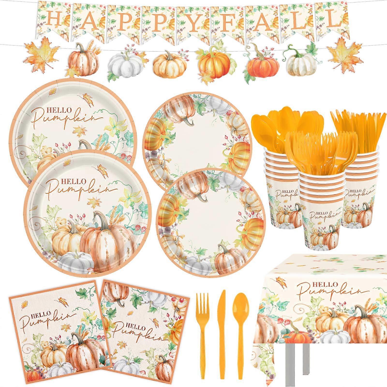 170PCS Fall Party Decorations, Fall Party Supplies Tableware Include Pumpkin Harvest Items, Serve 24