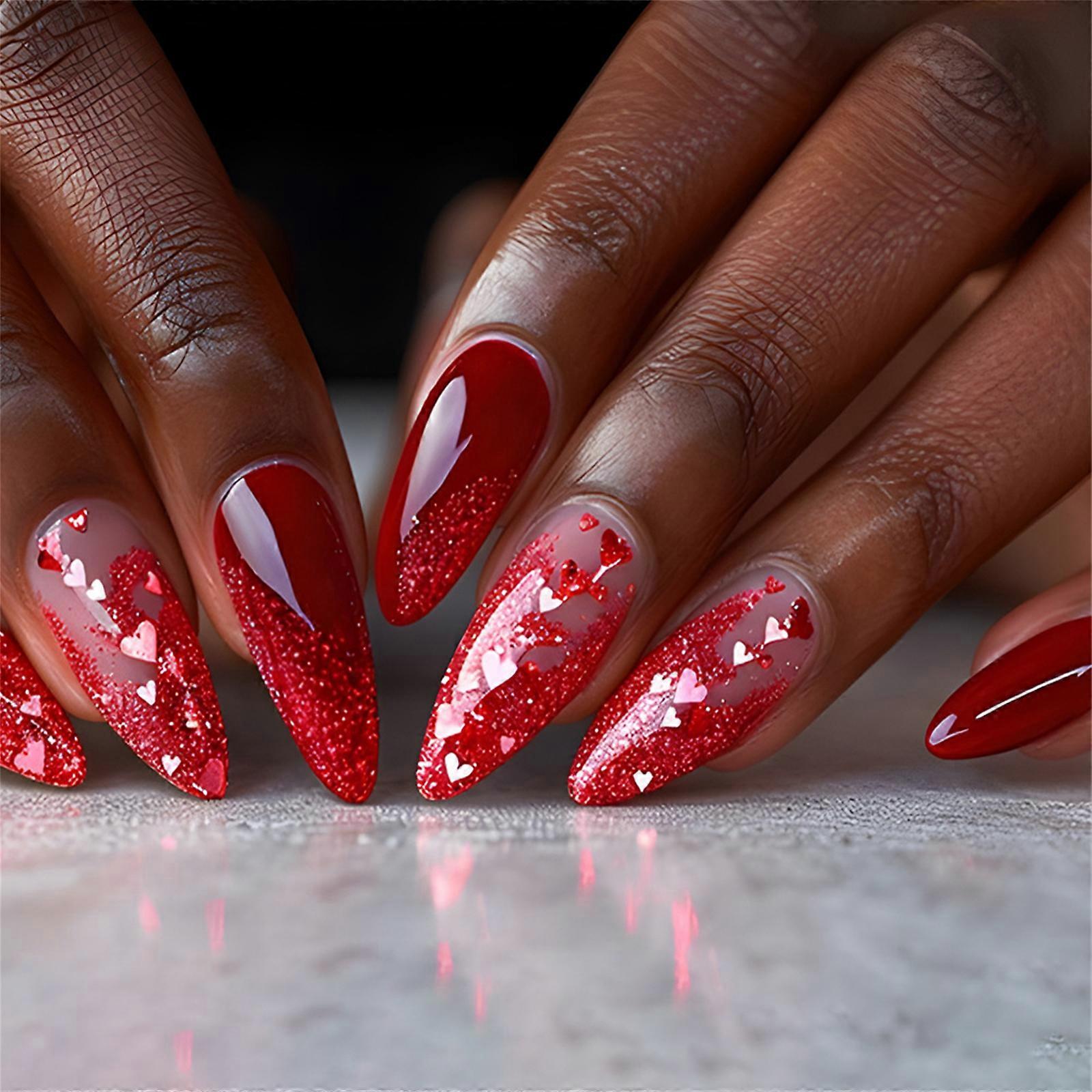 24個バレンタインフェイクネイルアーモンドプレスオンネイルアクリルネイルフルカバーフェイシズネイルスティックオンネイルグロス人工ネイル