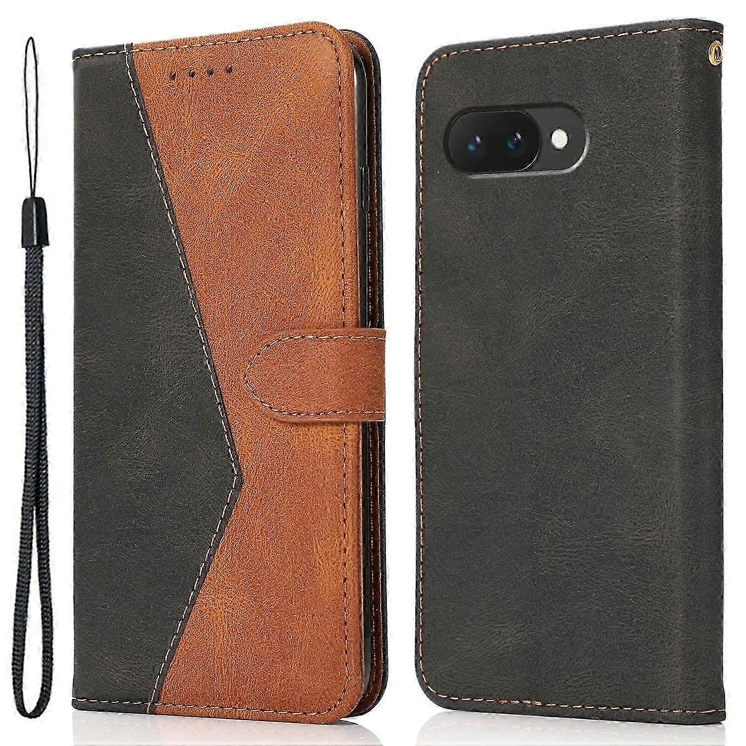 For Google Pixel 9a Cover Color Splicing Wallet Stand Leather Phone Case With Wrist Strap - Black Br
