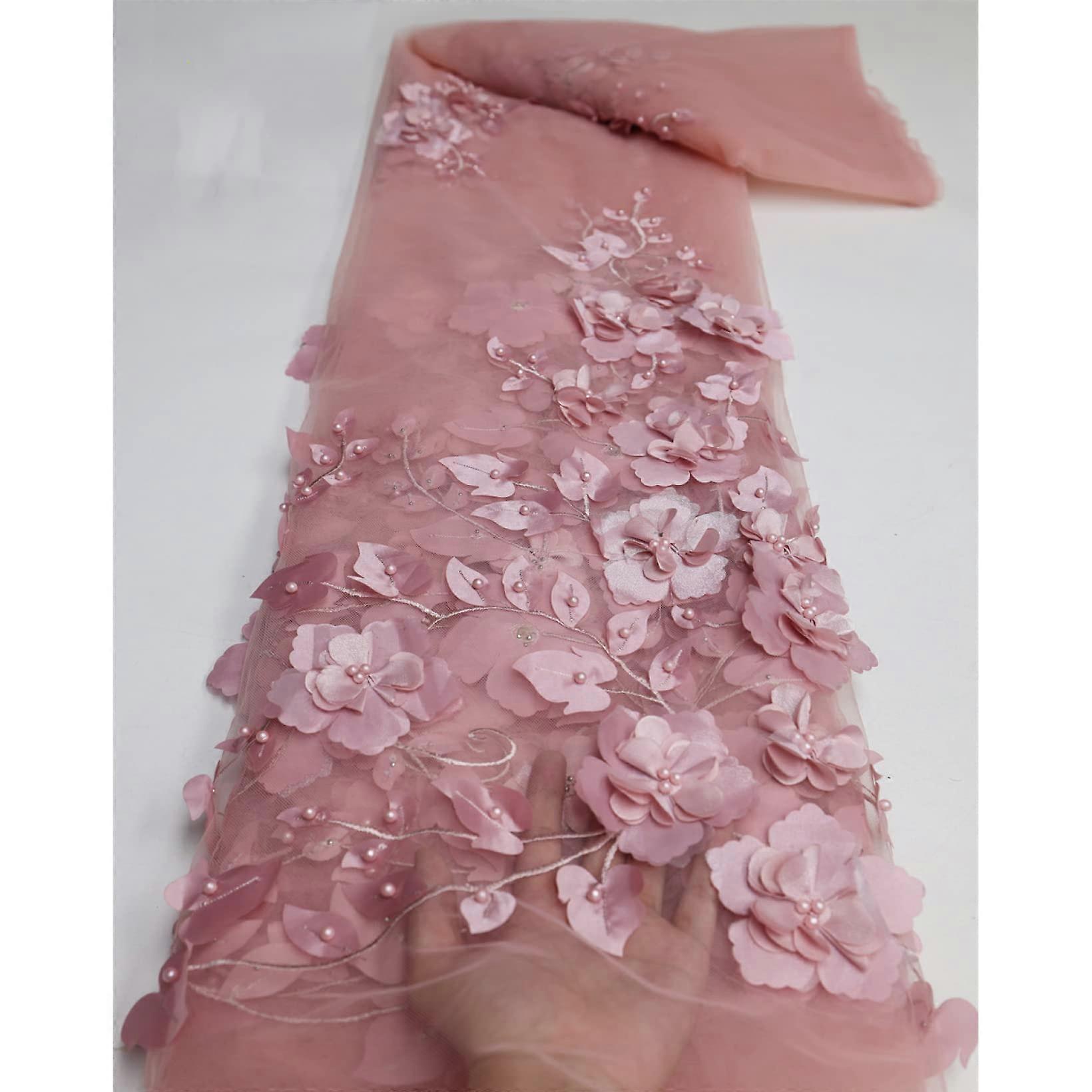 Tulle Fabric Roll 2 Yards Dark Pink Wide Mesh Lace Fabric with Flower Applique and Beads for DIY Crafts and Home Decor