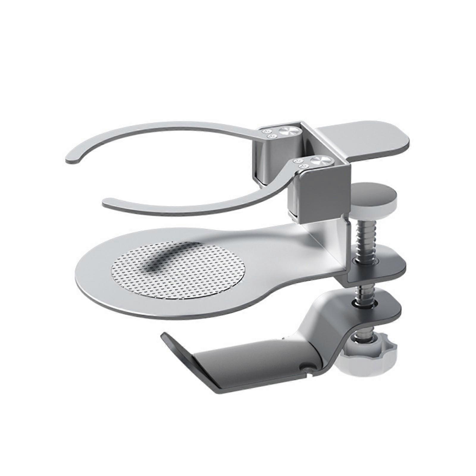 Adjustable 2 in 1 Clamp On Cup Holder With 360°Rotating Headsets Hanger Hook For Office Gaming Desks 5kg Hook Load Silver