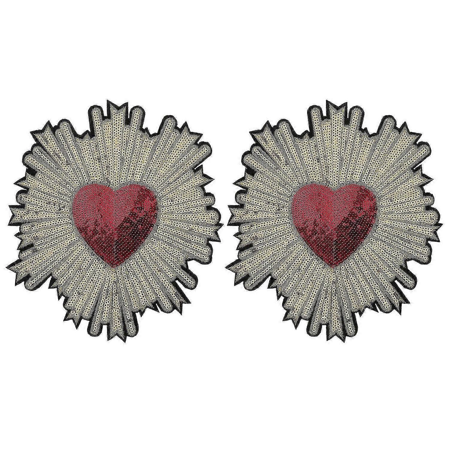 2pcs Embroidery Patch Handmade Sequins Peach Heart Decals Clothing Accessory