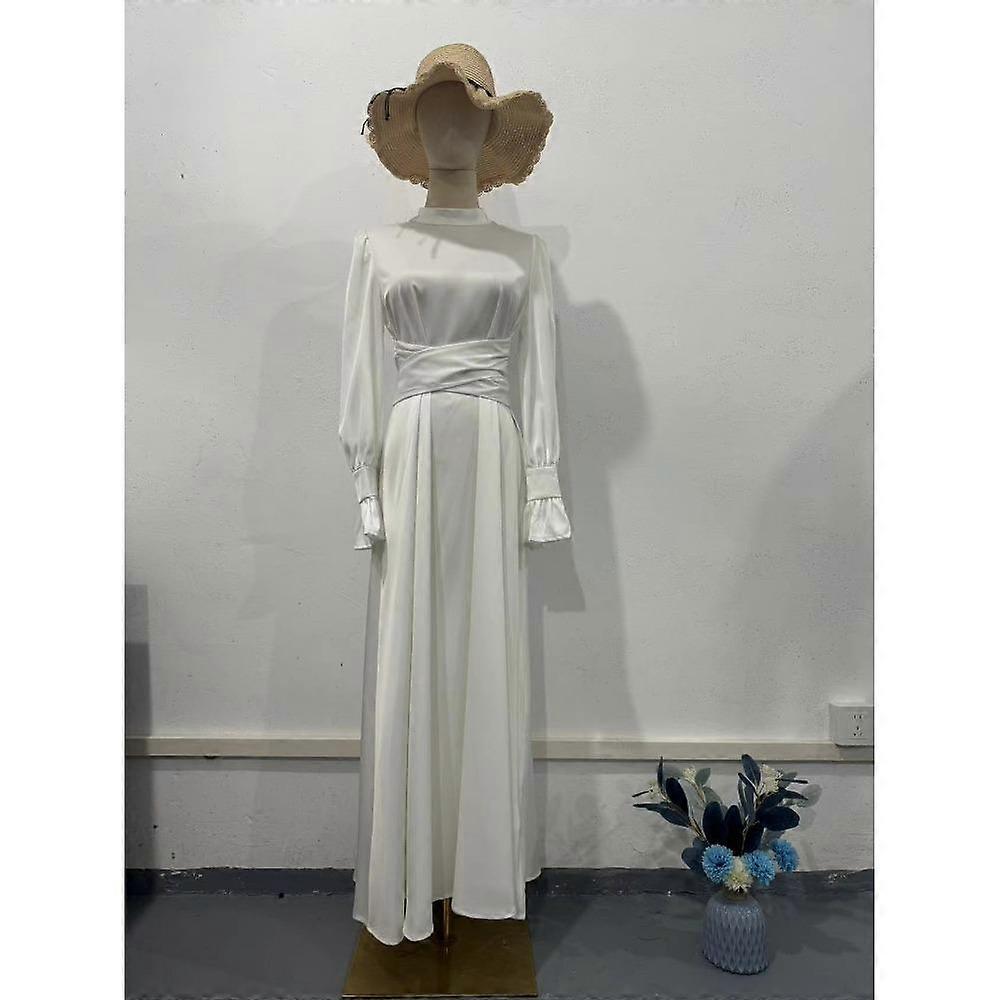 Spring and Autumn Lady Dresses Sleeve Skinny Waist tand Collar Solid Colour A-line Pleated Shopping Commuter Party Prom Maxi Dresses