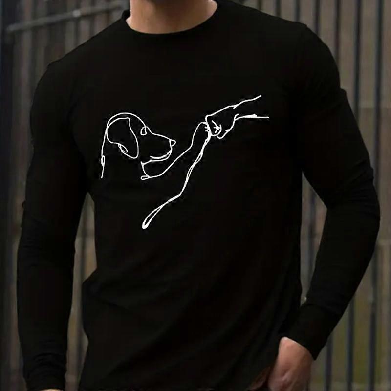 Line Dog Print Herren T-Shirts Langarm T-Shirts Rundhalsausschnitt Casual Pullover Herrenbekleidung Plus Size