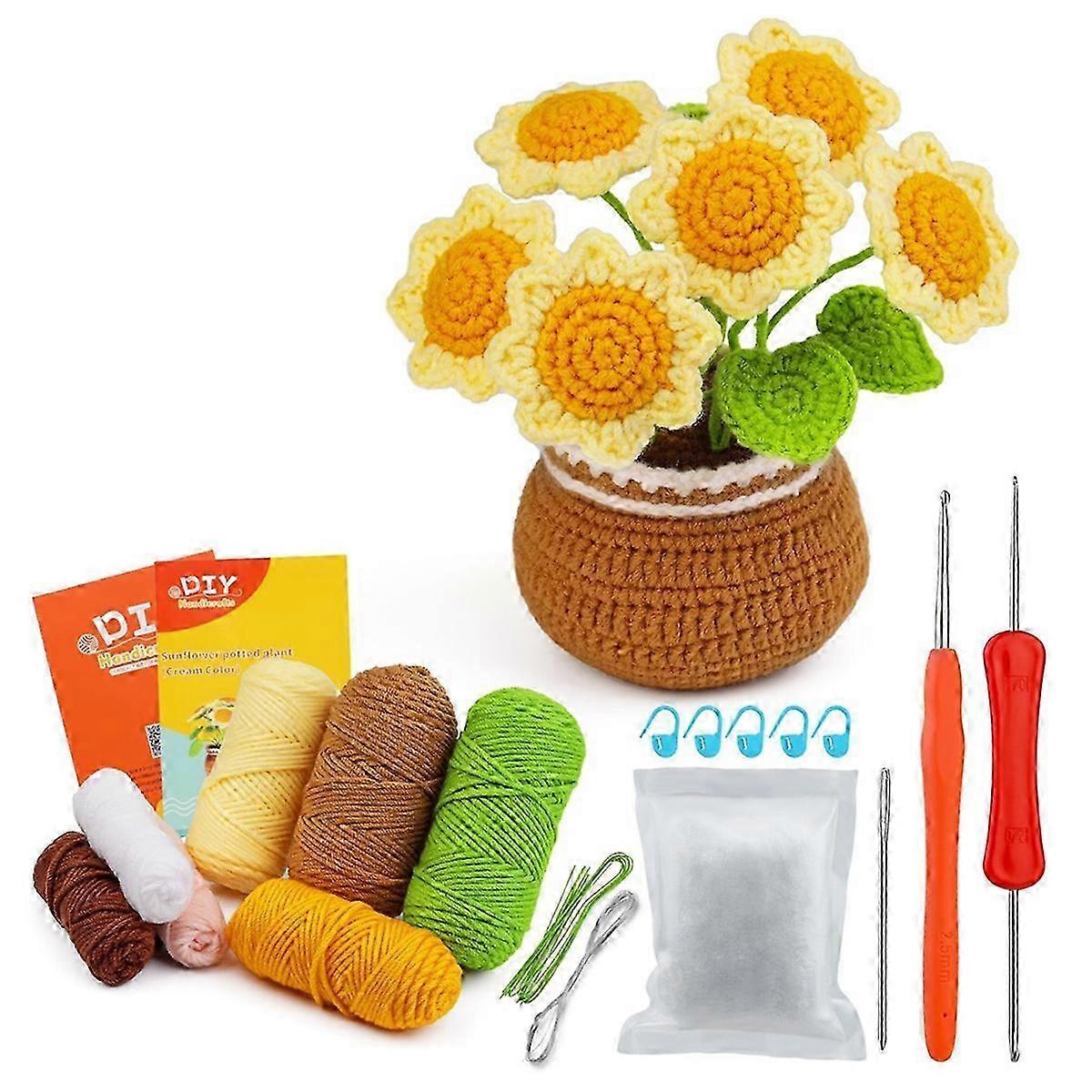 Complete Crochet Kits for Beginners,DIY Sunflower Crochet Kit with Knitting Markers Easy Yarn Ball,Instruction