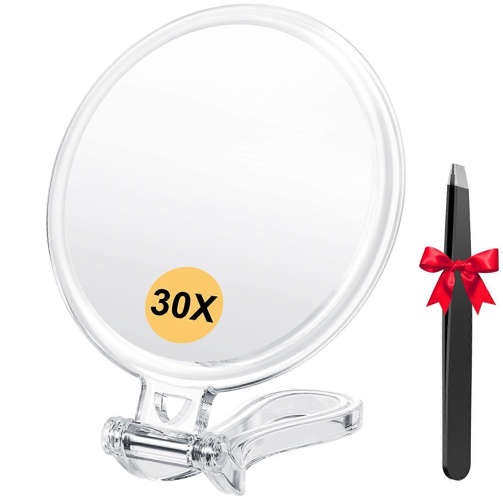 1X/30X Magnifying Travel Mirror with Handle, Double-Sided Handheld Makeup Mirror, Foldable 20L x 10B cm with Tweezers