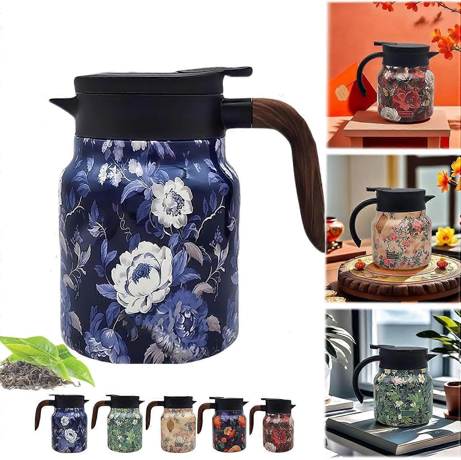 Doresty Teapot, Vintage Tea with Floral Pattern Builtin Tea Strainer, 28oz/35oz, Teapot for Home Use with Lid (Blue, 800ml) 800ml Blue