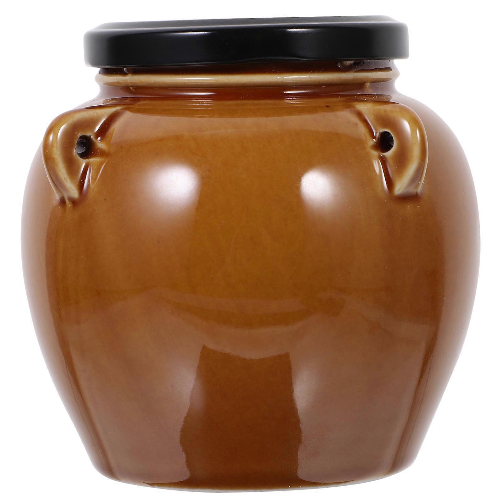 Ceramic Pickle Jar with Lid for Home Use Brown Smooth Surface Easy to Clean 1 Pc