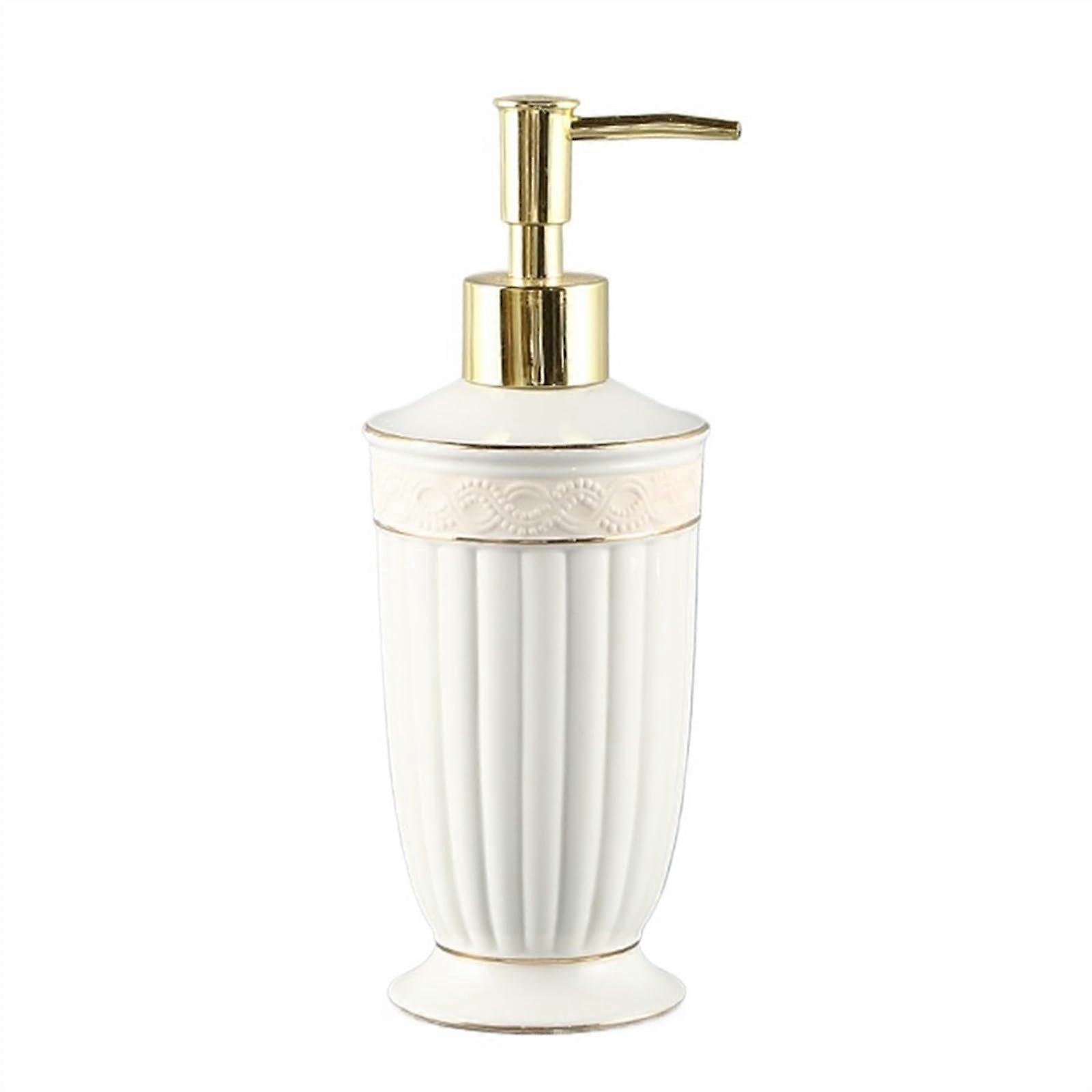 Soap Dispenser 350 Ml White Ceramic, Countertop Lotion Dispenser With Striped Surface And Gold Edges For Kitchen Bath