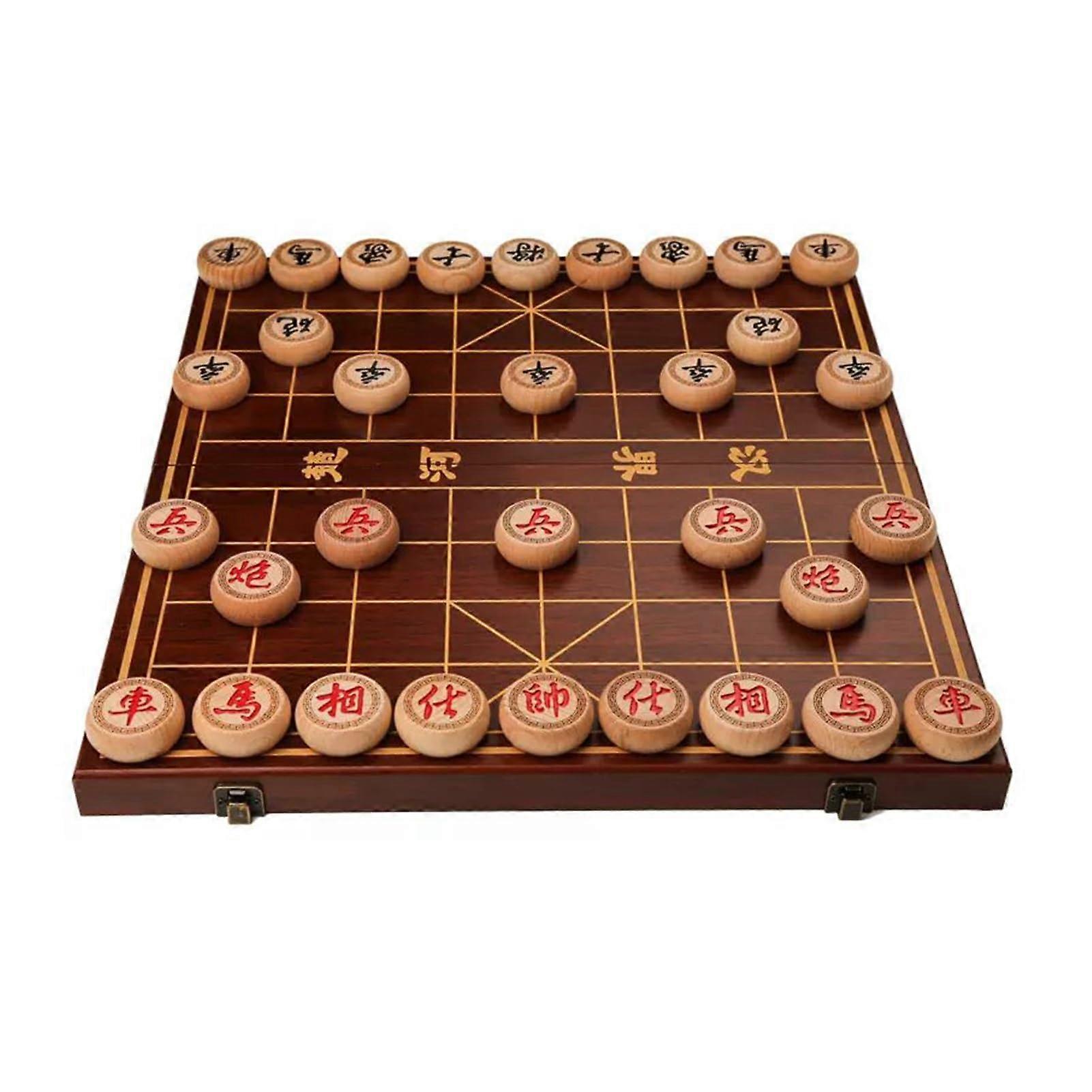 Chinese Chess Game Set Portable Beech Wood Xiangqi with Foldable Board