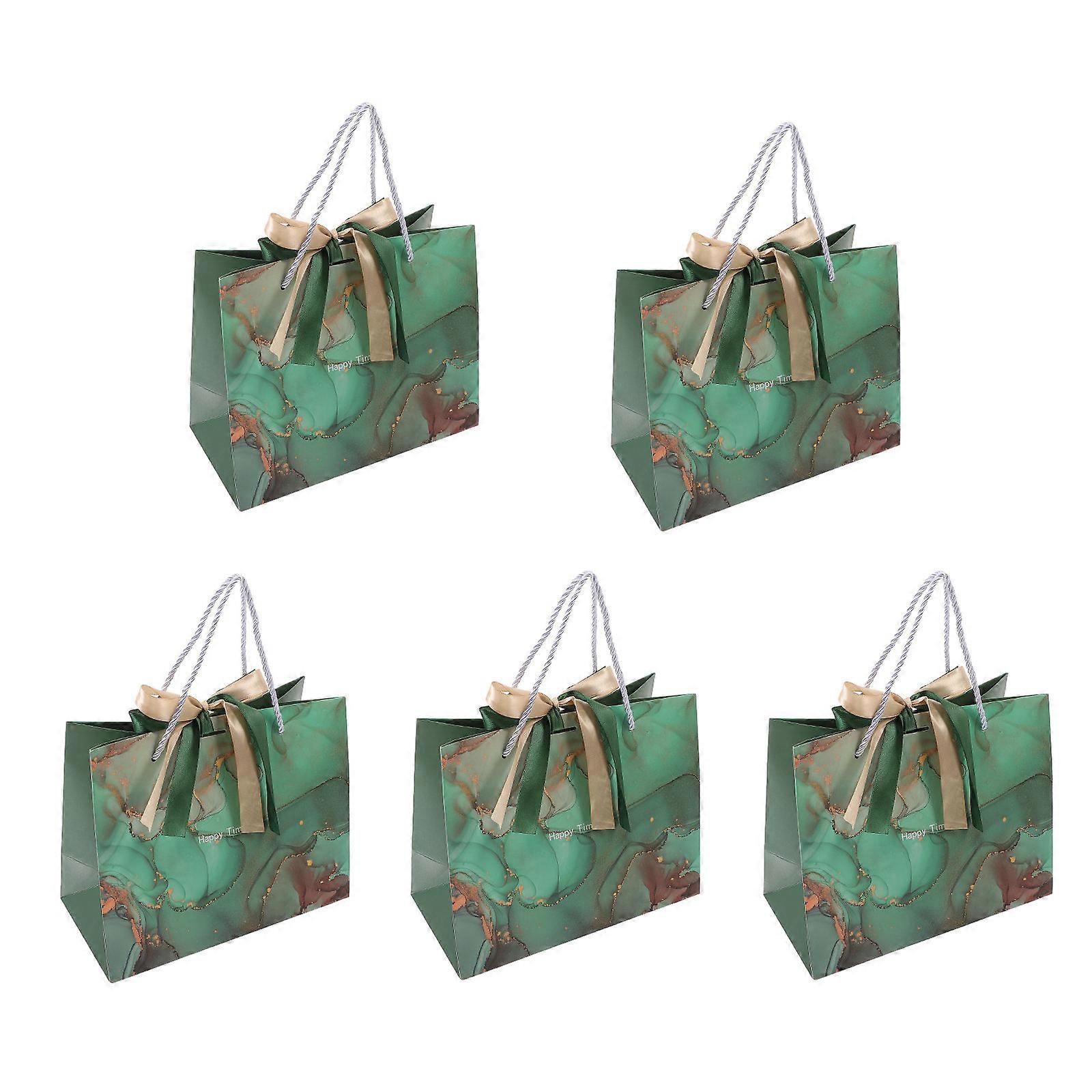 5Pcs Fashionable Design Marble Pattern Paper Gift Bags With Handle Ideal For Gift Packaging And Carrying 25x20x12CM Size Green Color