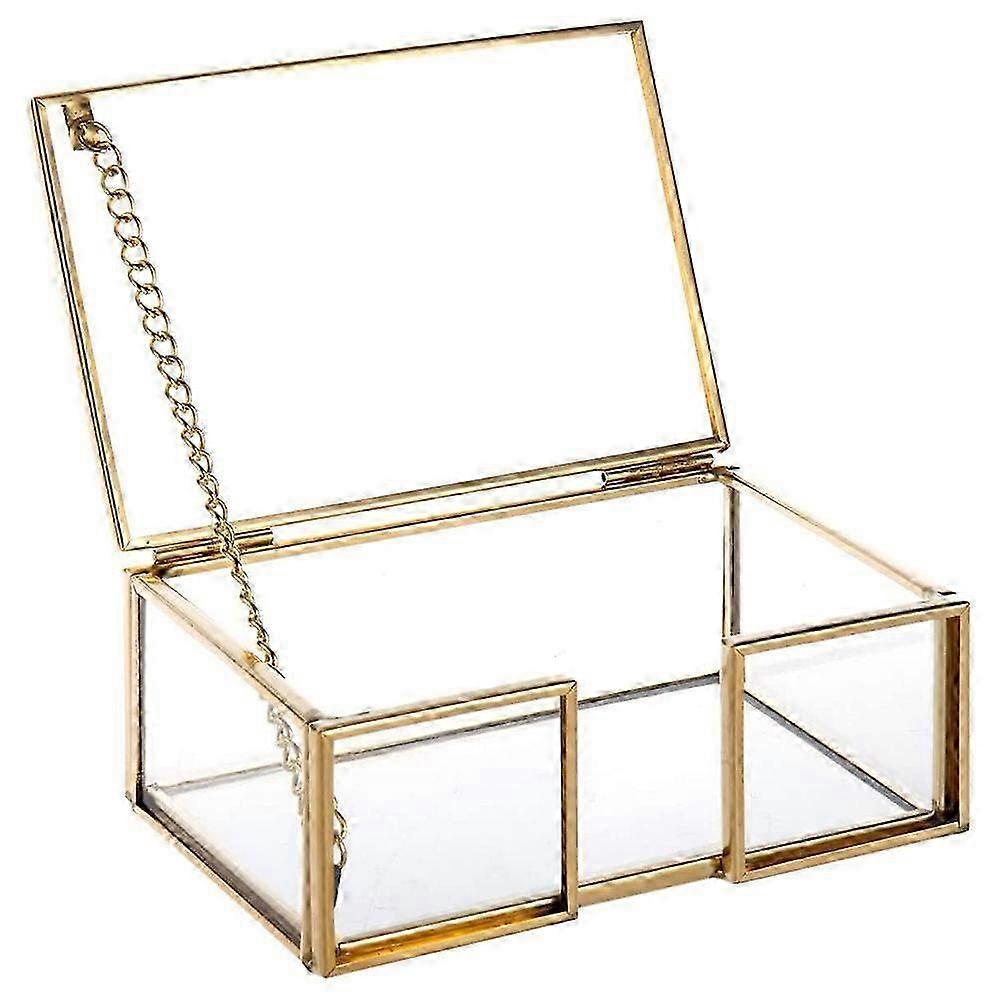 Clear Gold Glass Business Card Organizer Box with Lid - Name Card Display Case 10.5x7.5x4.5cm for Elegant Office Storage