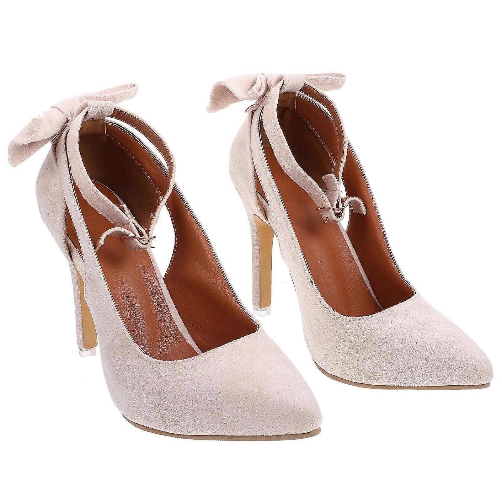 Elegant Beige Women's High Heels Bow Tie Ankle Strap Pumps Shoes for Parties and Office Wear, Size 8.5