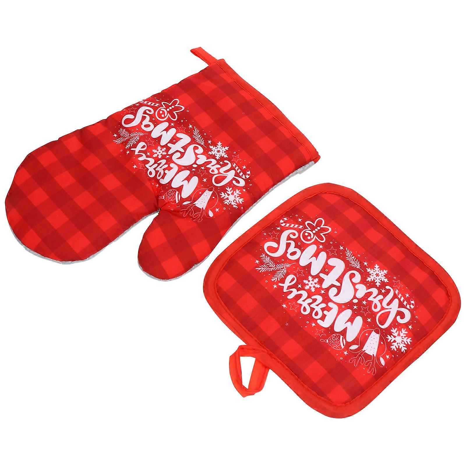 Christmas Oven Gloves 2 Sets, Heat Insulating, Non Slip, Festive Red Design, Protective Kitchen Gloves for Cooking, Baking and Scald Prevention