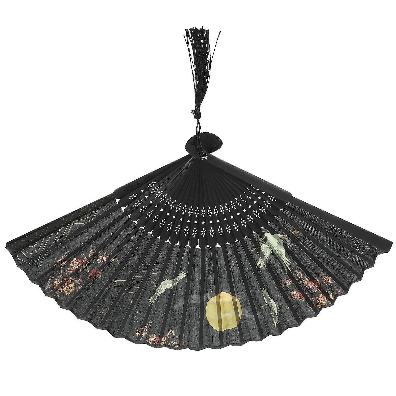 Retro Handheld Folding Fan Elegant Silk Design for Parties Weddings Home Decor Crafted Black Handle Lightweight Portable