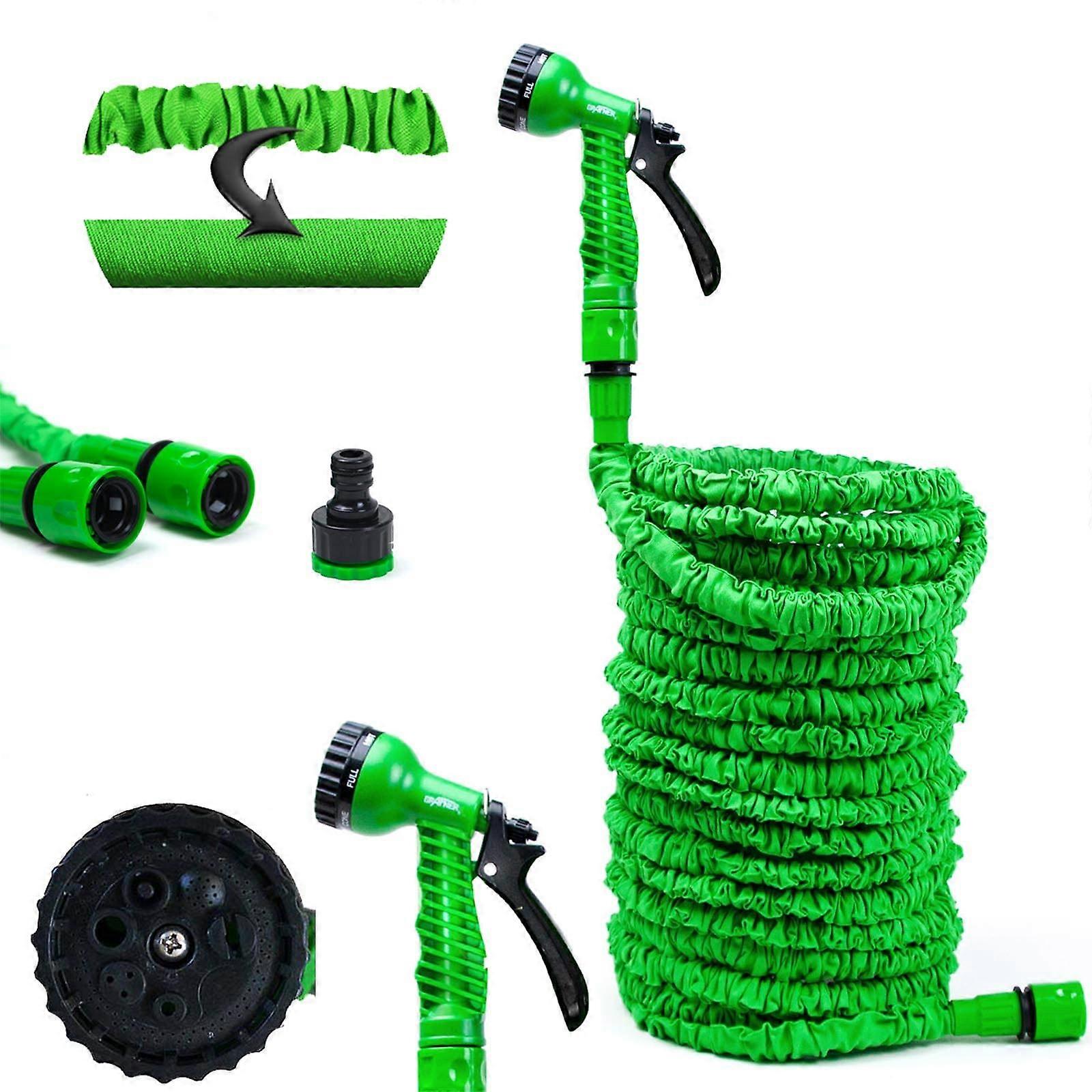 Basic Flexible Hose 15 Metres with Multifunctional Shower, Sturdy Latex Core, Green Color, No Kinking Design