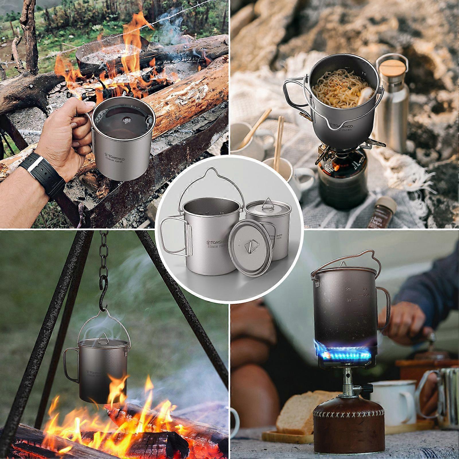 TOMSHOO Lightweight Titanium 3 Pieces Set Titanium 750ml Pot 450ml Water Cup Mug with Lid Collapsible Handle Folding Spork for Outdoor Camping Hiking