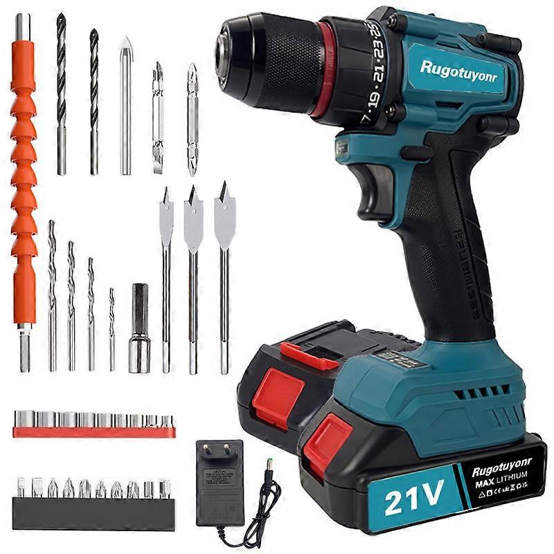 21V Cordless Power Drill Driver, Hammer Drill Kit with 50N·m Torque, 2-Speed, 25+3 Torque Settings, 2.0Ah Battery, LED Light, 30PCS Accessory Set
