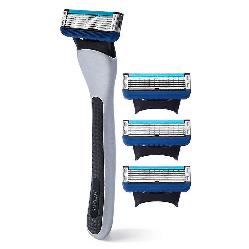 JIFULI 6-Layer Blade Manual Razor with 1 Handle and 4 Replacement Heads for Men Portable Shaving Kit