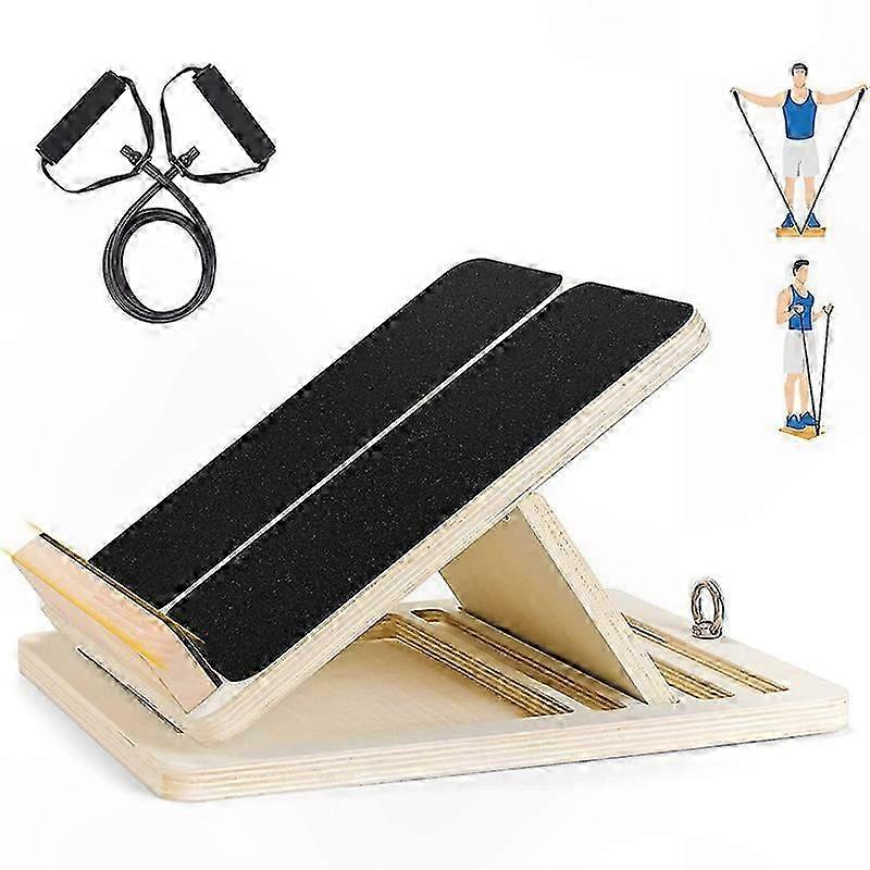 Adjustable Wooden Incline Board for Calf Stretching, Portable Foldable Design with Resistance Tube for Ankle Support