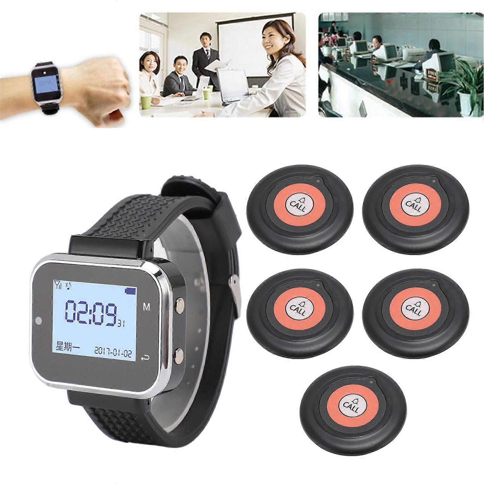 1 to 5 Wireless Calling Pager System Vibration Buzz Flicker Alarm EU Plug