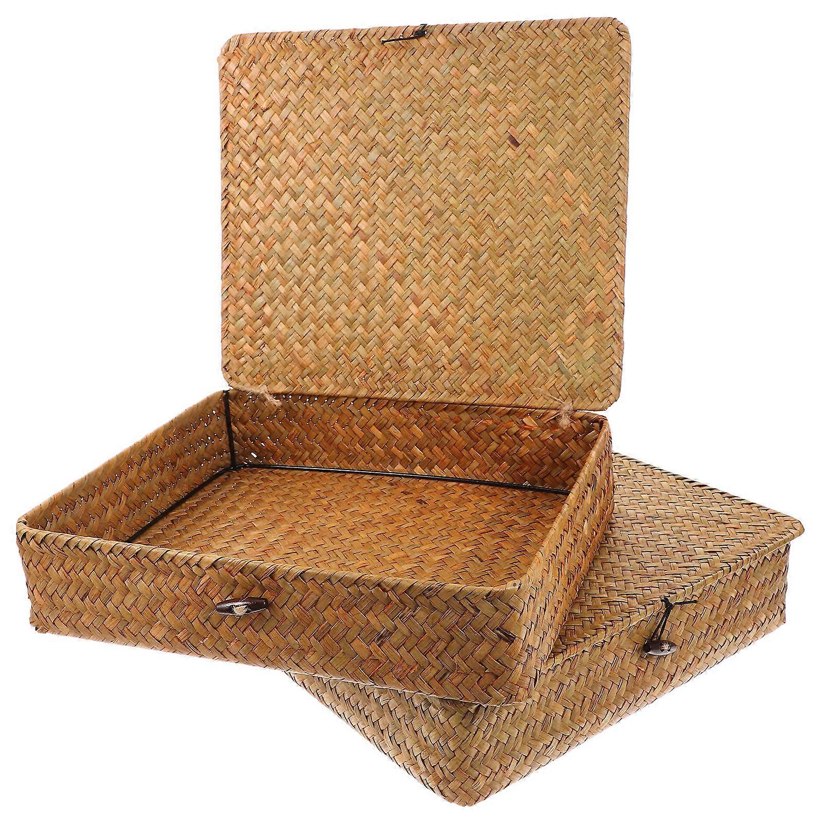 2pcs Woven Storage Basket with Lid Rectangular Seagrass Organizer Container