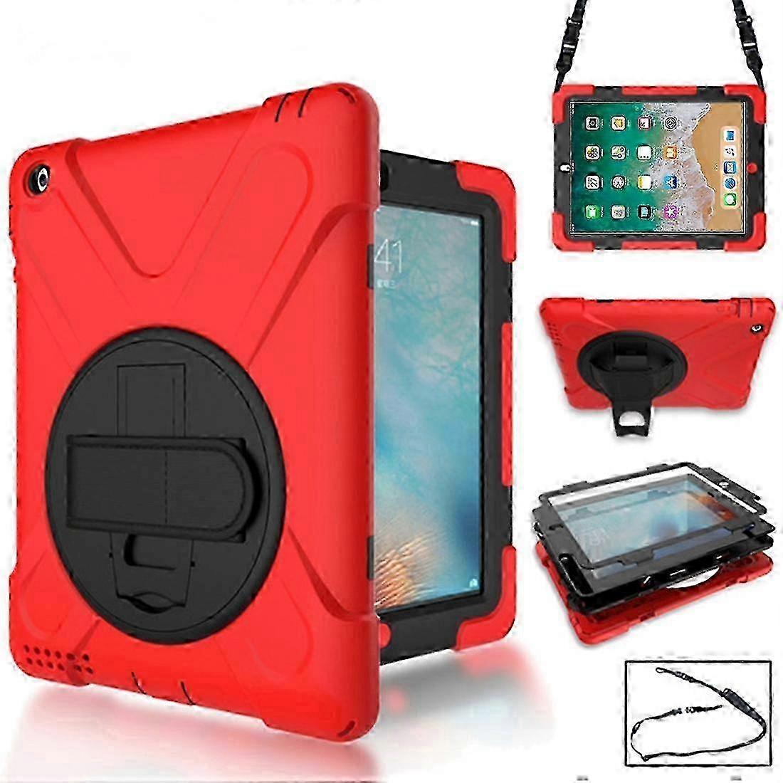 360 Degree Rotation Silicone Protective Cover with Holder and Hand Strap and Long Strap for iPad 5 / iPad Air(Red)