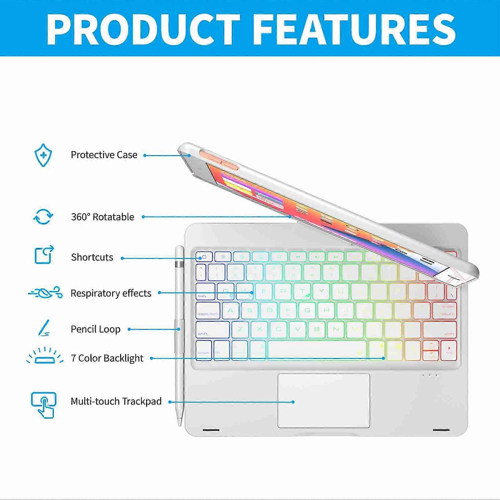 Tablet Bluetooth Keyboard 360 Degree Rotating Colorful Backlight Sensitive Touchpad Tablet Keyboard for IOS Tablet