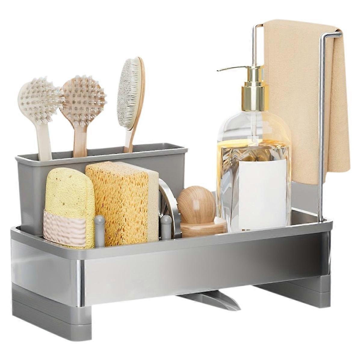 Stainless Steel Sponge Rack with Drain - Multi-Functional Kitchen Bath Storage Box for Cleaning Supplies Towels Brushes Grey