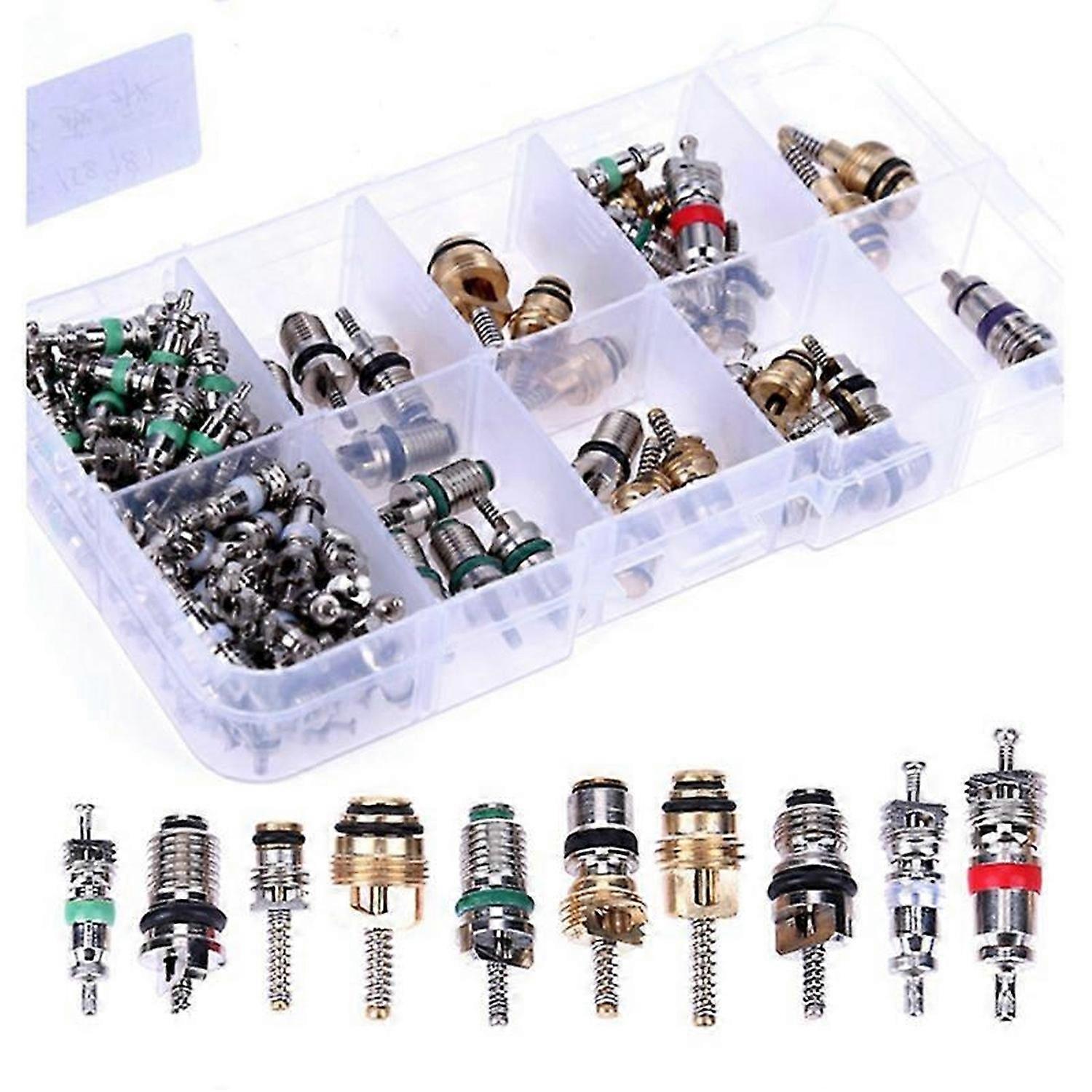 104Pcs Car Air Conditioner Valve Cores Assortment A/C AC Shrader Valve Core & Tool R134 R12 HVAC Val