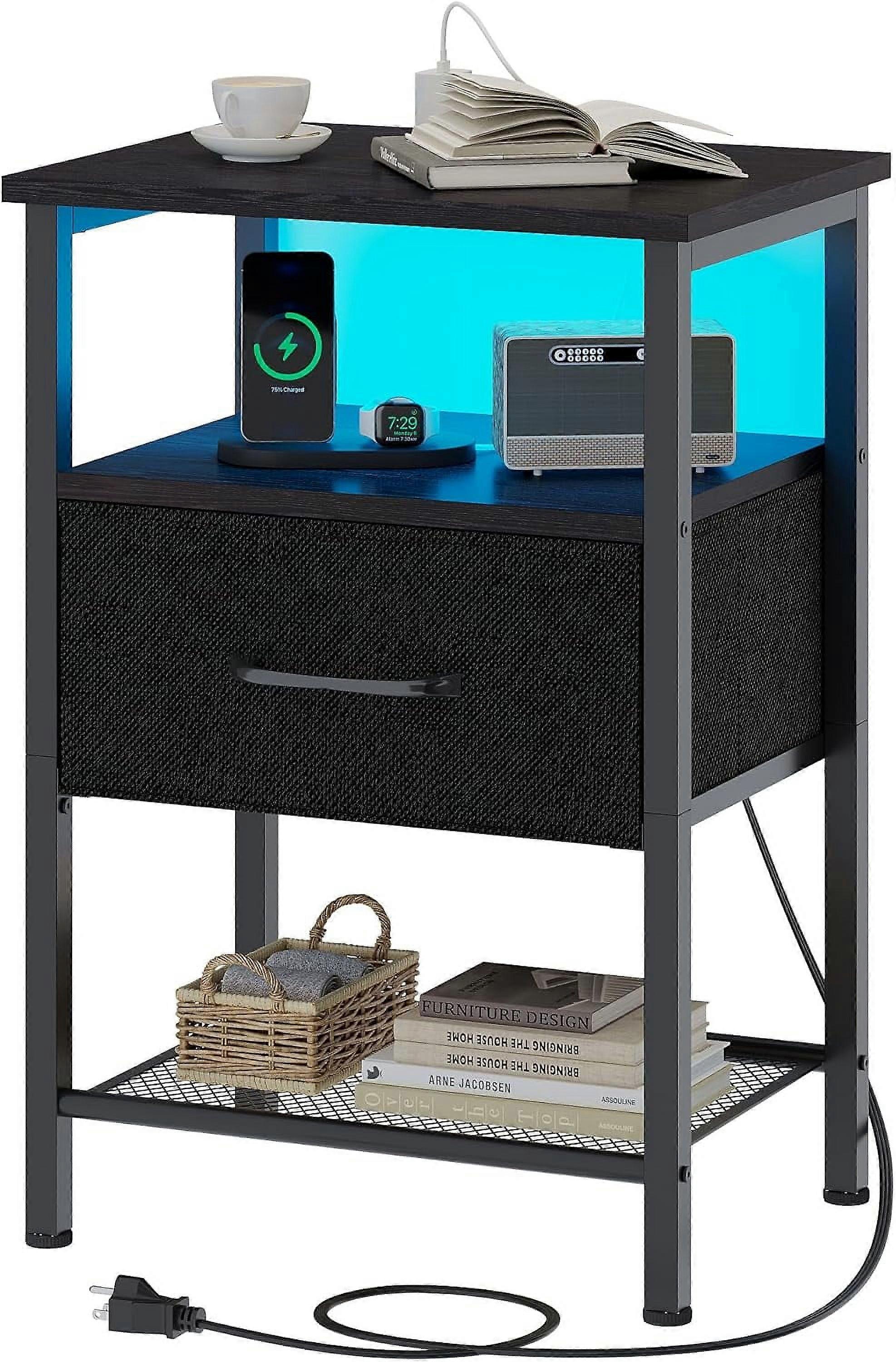 Night Stand, End Table with Charging Station, LED Bedside Table with Fabric Drawer for Bedroom, 3-Tier Side Table with Open Shelf, Black