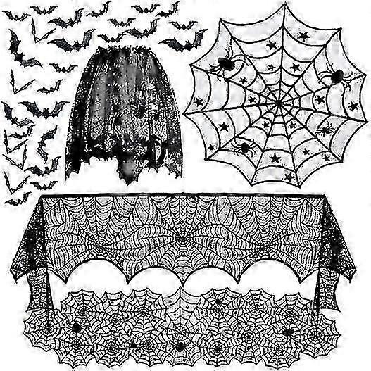 Halloween Decorations Tablecloth Set Round Spiderweb Lace Table Cover
