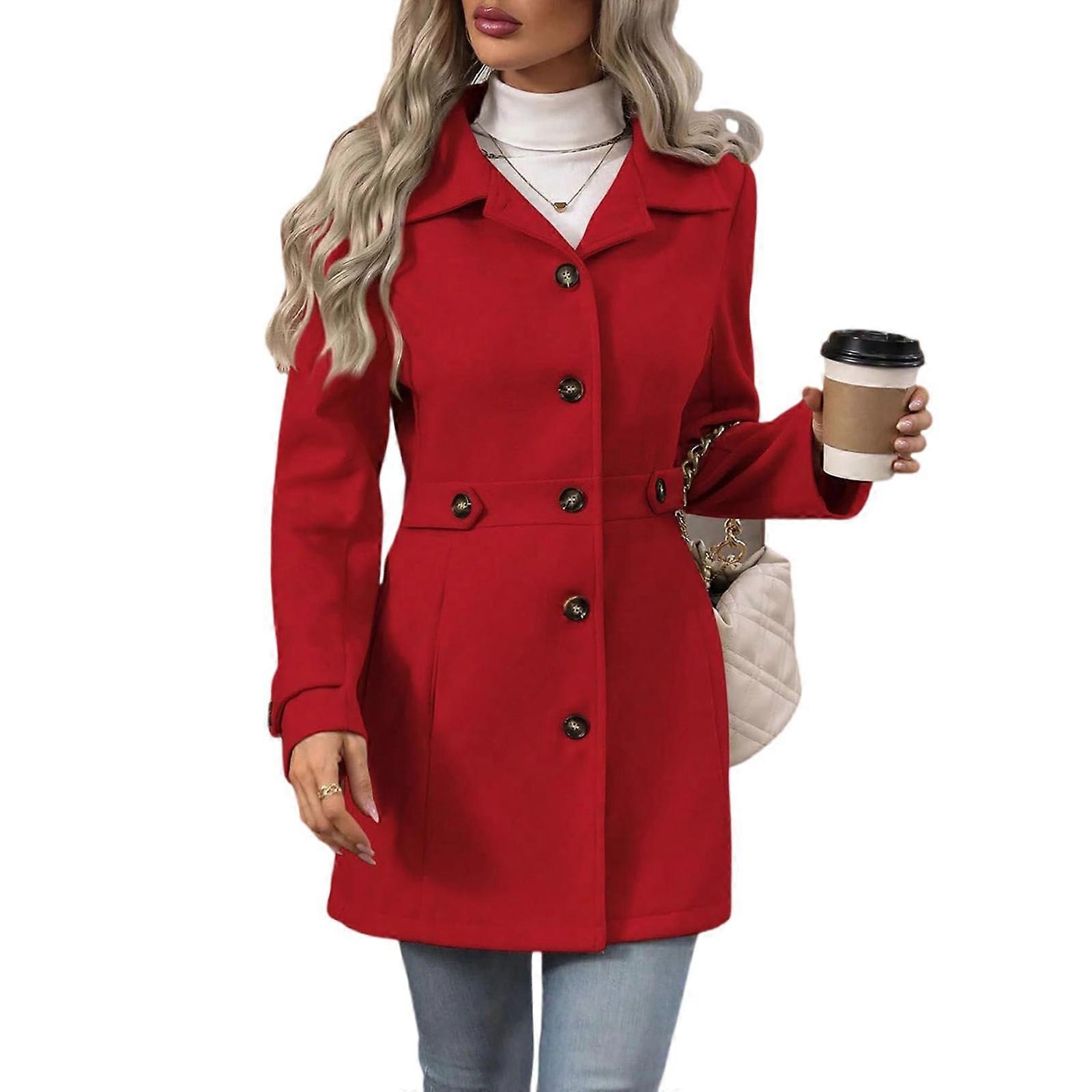 Womens Pea Coat Notched Lapel Collar Single Breasted Fall Winter Trendy Casual Wool Blend Trench Coat Red XL