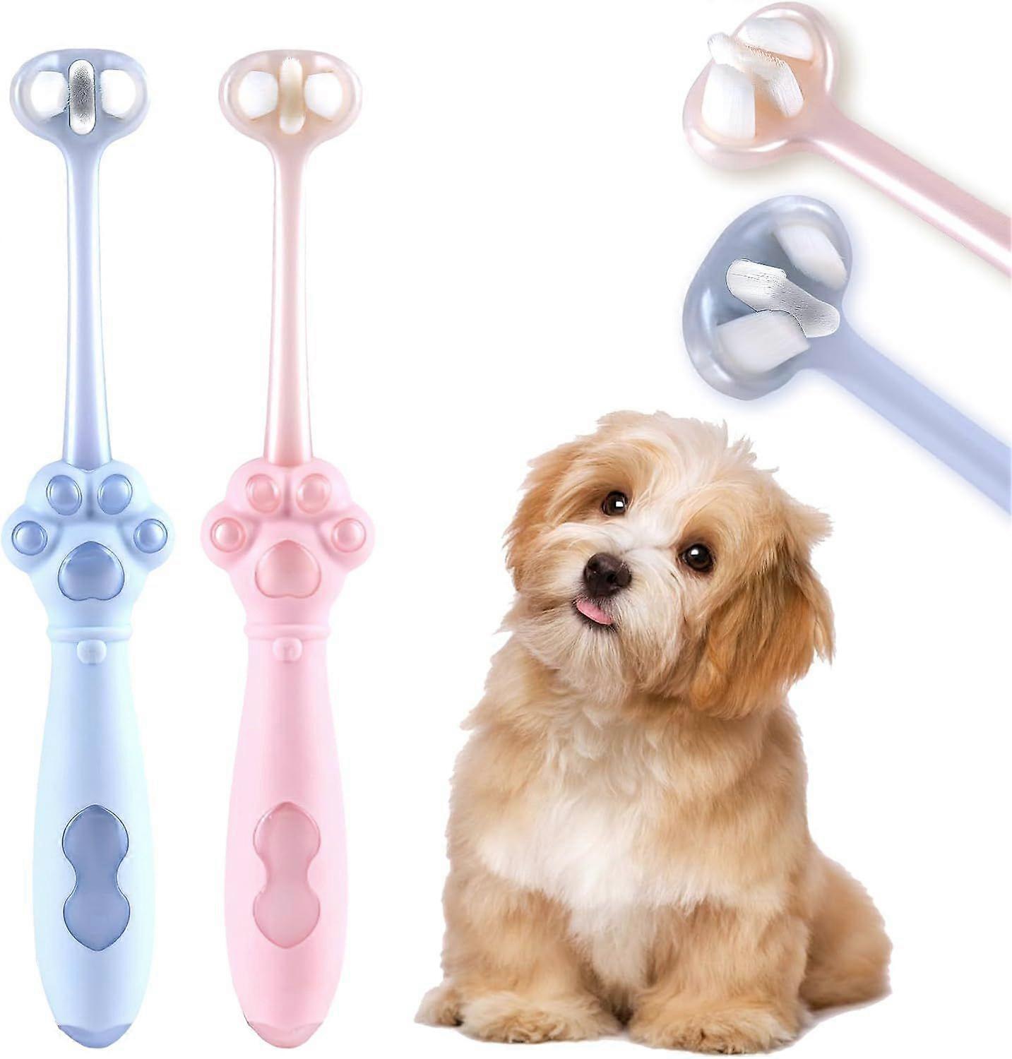 2 Pack 3-Sided Dog Toothbrush, Puppy Toothbrushes with Unique Bristle Technology, Oral Care for Pets, for Medium and Small Dogs