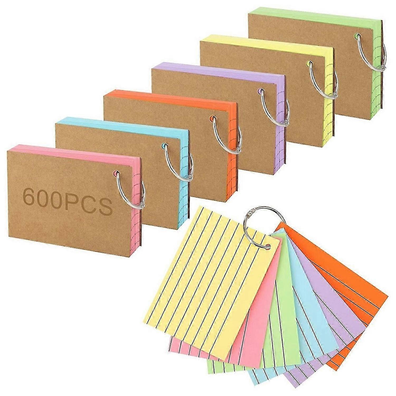 600 Pcs Index Cards with Ring, 3 X 4 Inch Colored A7 Colorful Flash Cards with Ring Underline Study