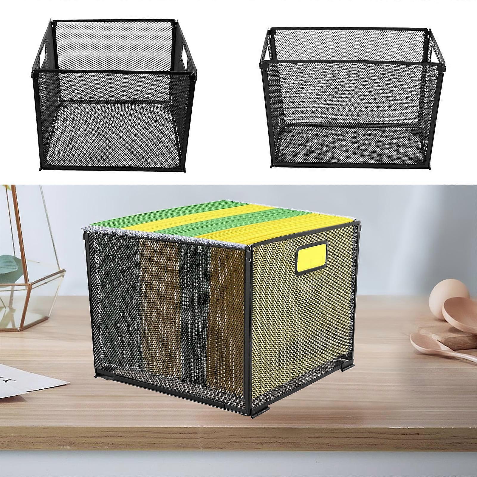 Metal Hanging File Organizer Box with Handle - Letter Size Mesh File Basket, Space-Saving Foldable Desktop Filing Crate for Home Office