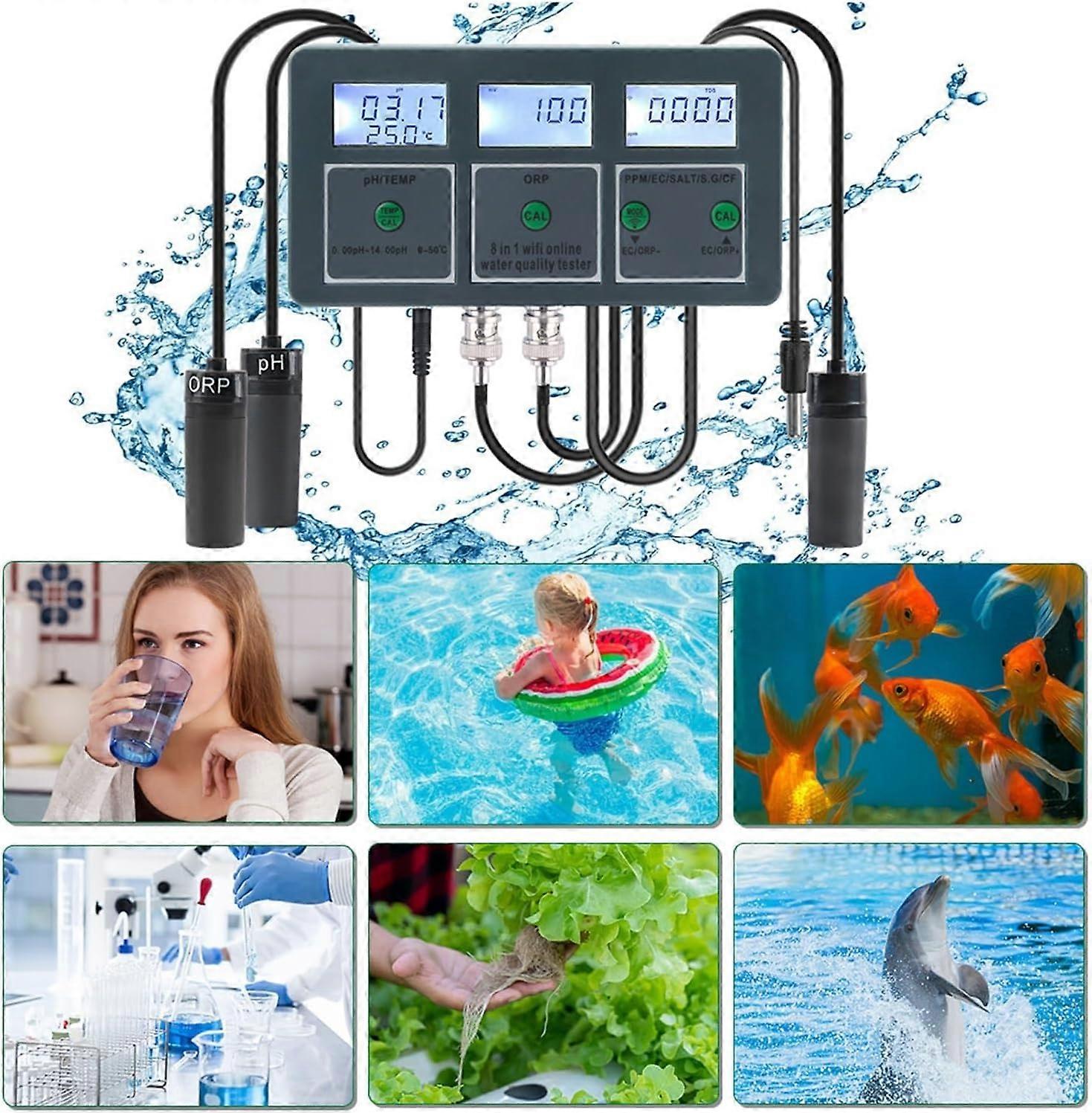 WiFi PH Meter 8in1 Multifunction Water Quality Tester With PH Temperature TDS Salinity For Aquariums, Pools, Hydroponics