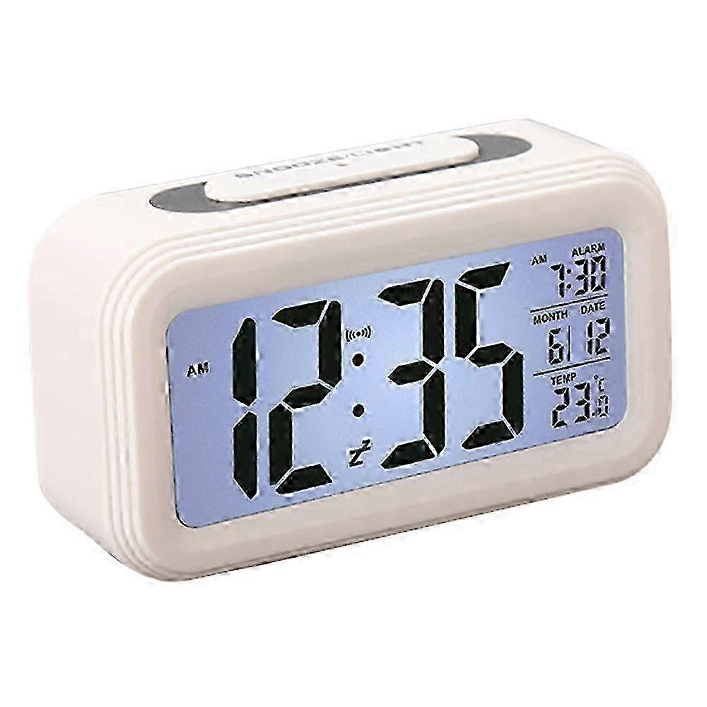 Battery Powered Digital LED Backlight Alarm Clock with Date and Temperature Display - White