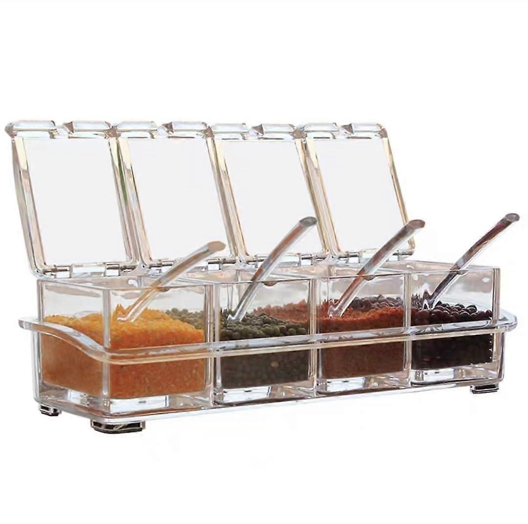 Spice Box Set of 4 Transparent Containers with Lids and Spoons for Sugar Salt Pepper